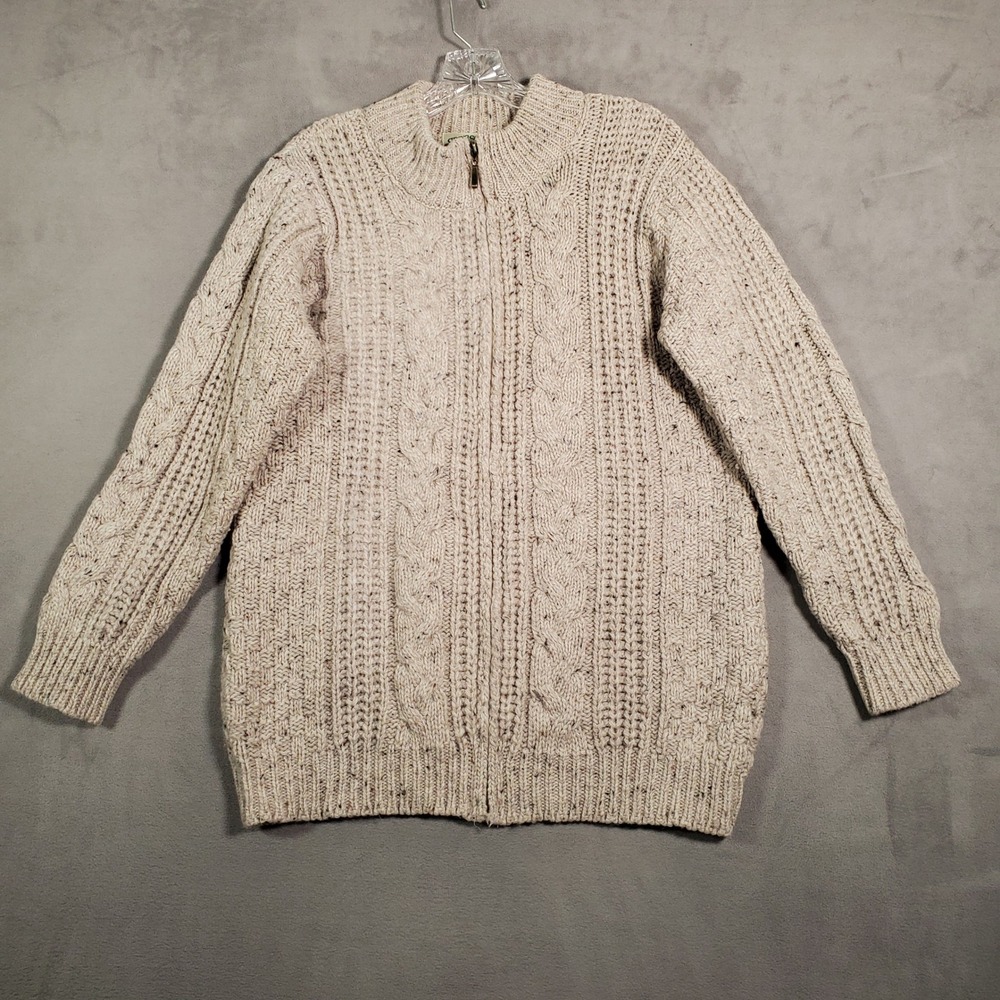 Aran Crafts Cable Knit Cardigan Mens XL Beige Full Zip Irish Wool Fisherman
